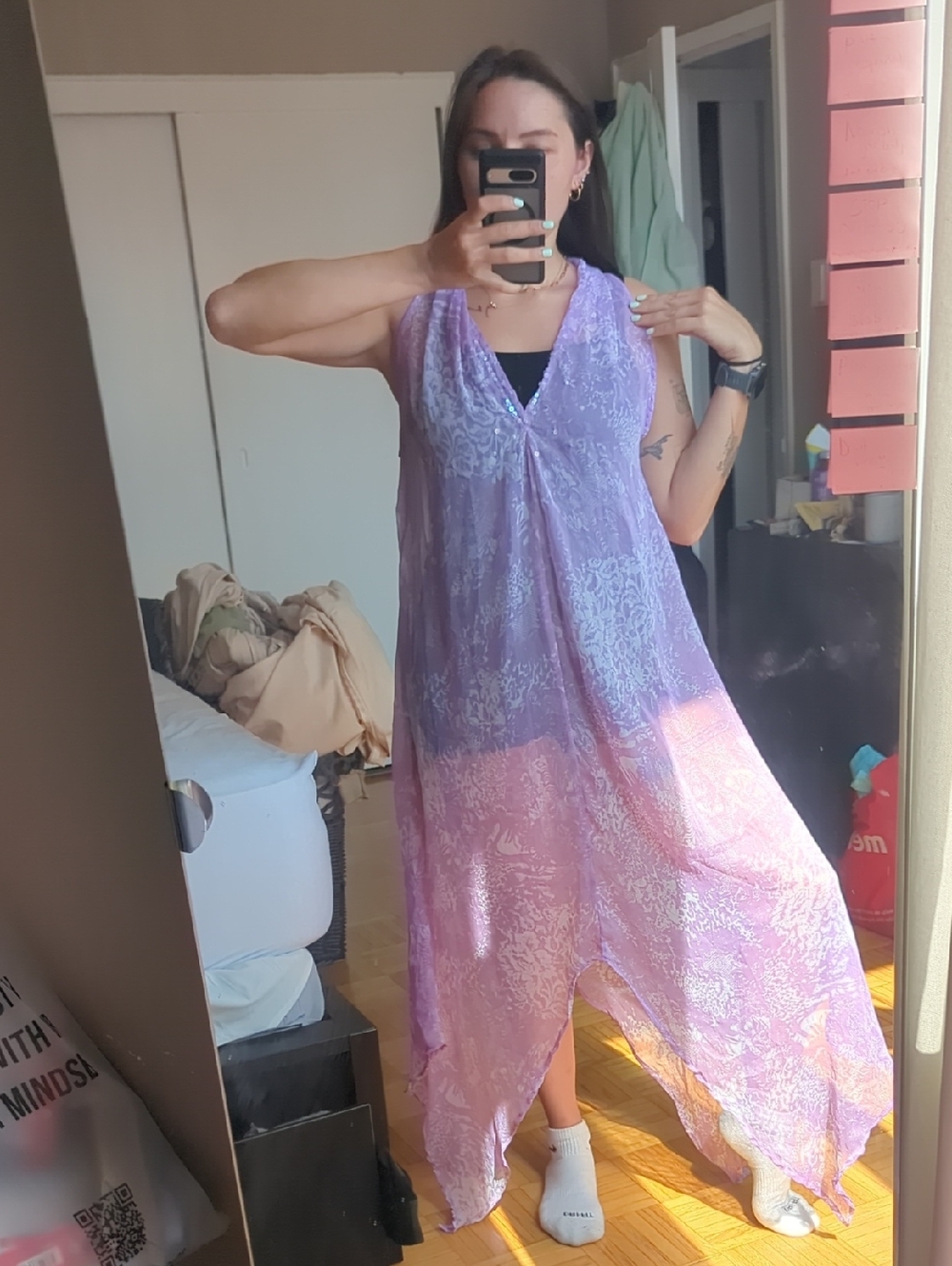 Lavender-Pink Sheer V-Neck Swim Coverup